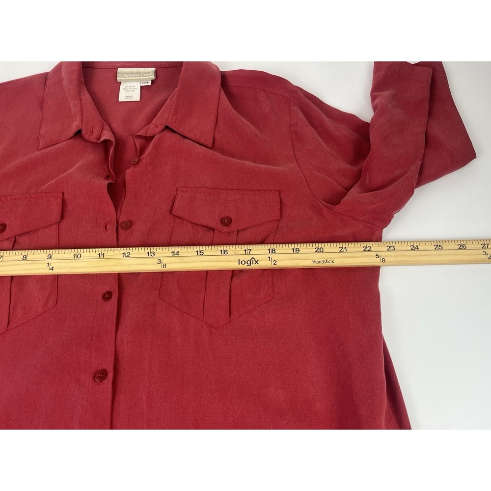 Vintage 90s Coldwater Creek Silk Blouse & Skirt Set Red Roll Tab Sleeve Sz PXL - Picture 3 of 9